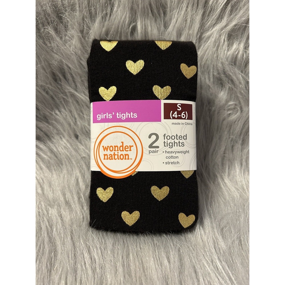 Wonder Nation Footed Tights Girls Size Small 2 Pack Black And Black Gold Hearts